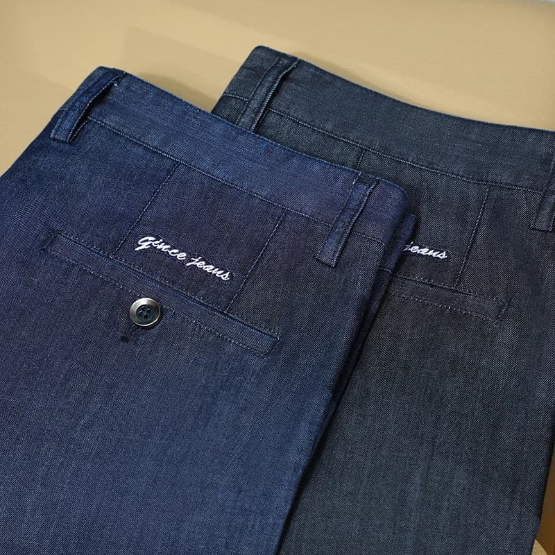 Tessuto estivo in vera seta Lyocell Jeans larghi elasticizzati classici uomo pantaloni dritti allentati pantaloni a vita alta uomo taglia grande 40 42,5168