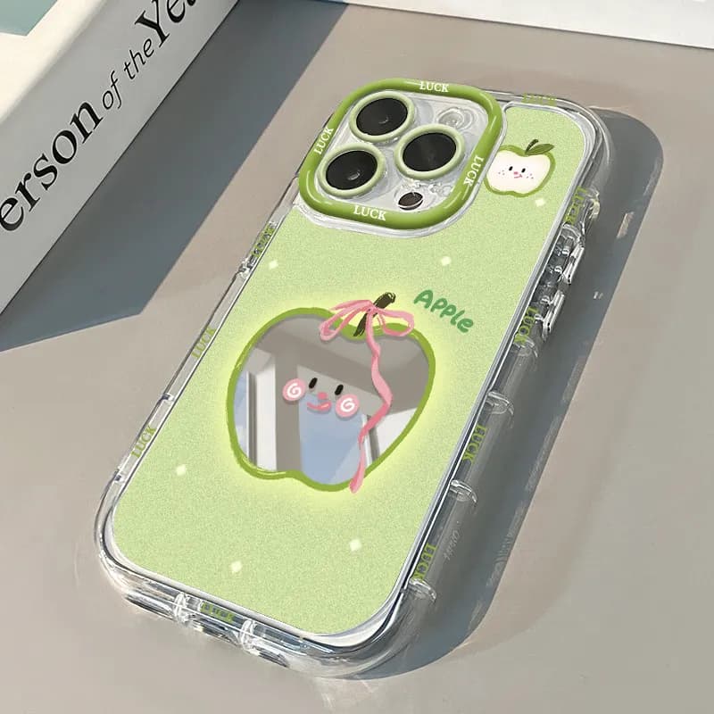 Custodia per telefono con specchio e cuscino d'aria a forma di mela verde, simpatica, per iPhone 17 15 14 16 Pro Max 13 12 11 Pro XR XS 7 8 Plus 17Air Girl INS Cover
