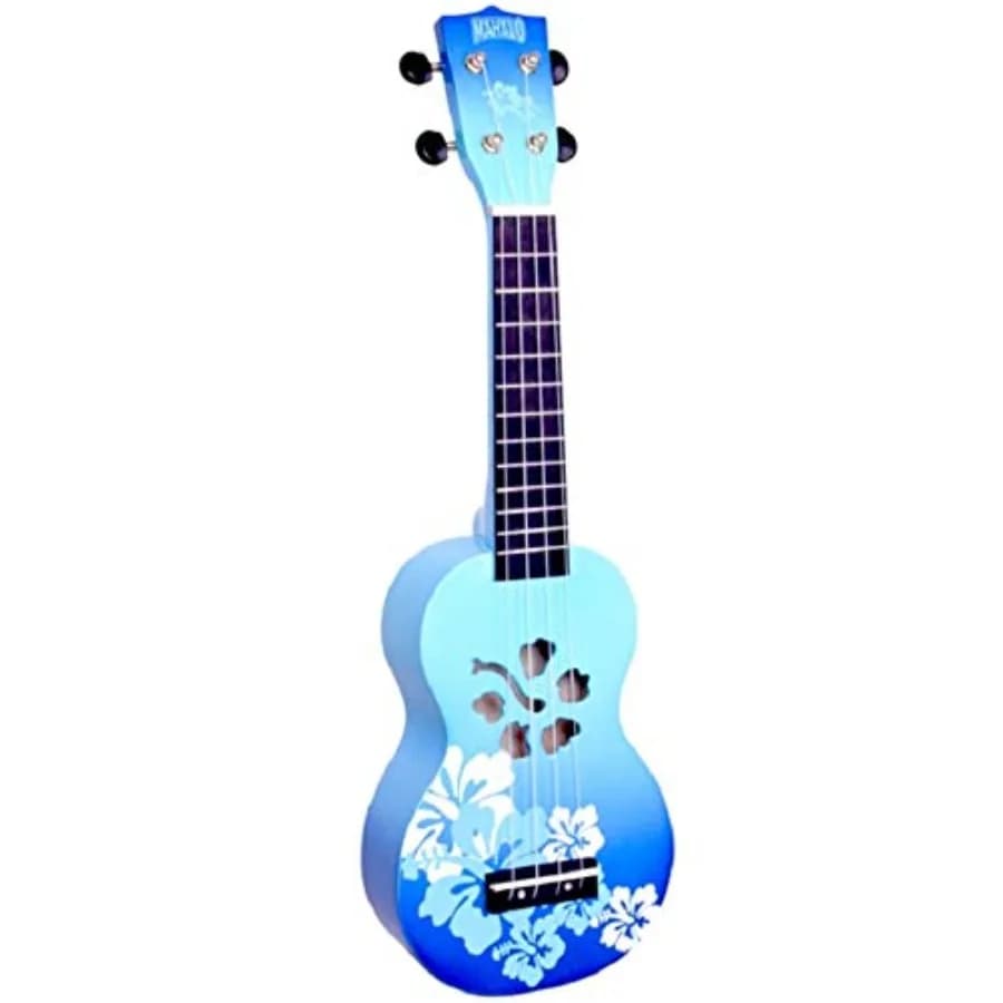 Soprano ukulele for beginners, mahogany body with hibiscus flower inlay, natural wood color, lightweight and easy-to-play desig