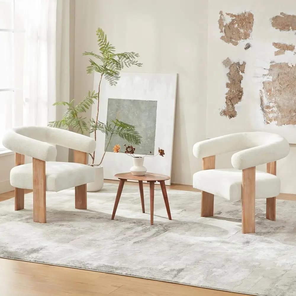 Coppia di Poltrone a Botte Imbottite Color Crema con Gambe in Legno Massello per il Comfort del Soggiorno o della Camera da Letto