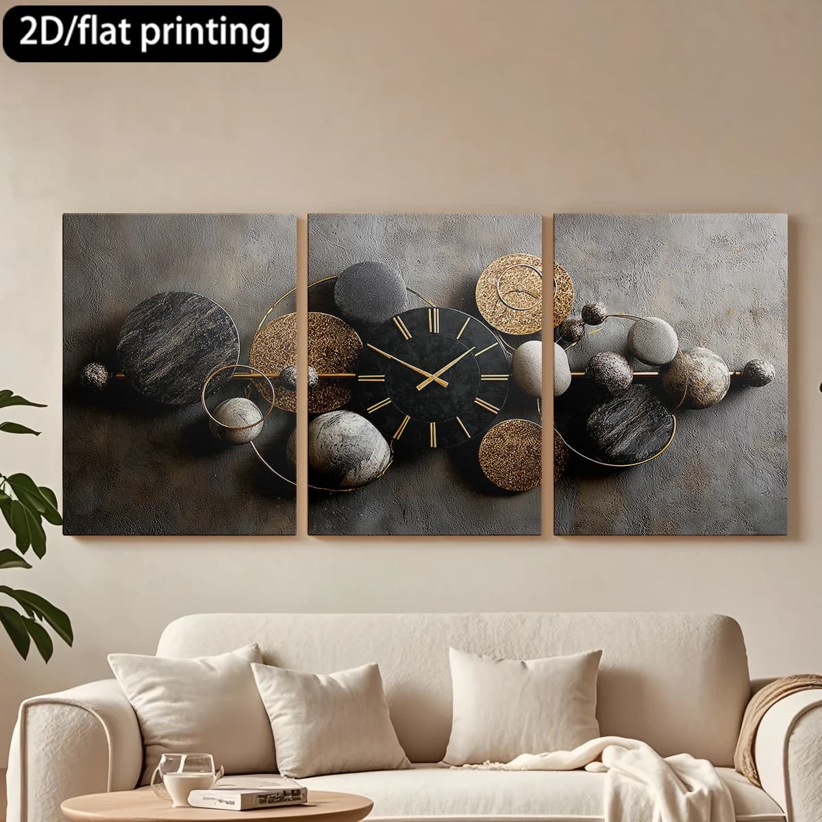 Stampa piatta 2D, quadro decorativo su tela con cornice in legno a 3 pezzi, orologio da parete, elementi geometrici in pietra. Decorazione per corridoio e camera da letto.