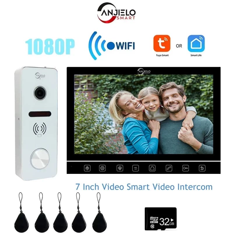 ANJIELO Tuya Videocitofono Intelligente WiFi da 7 Pollici 1080p con Campanello di Sicurezza 160 ° Telecamera grandangolare con funzione di sblocco tramite scheda