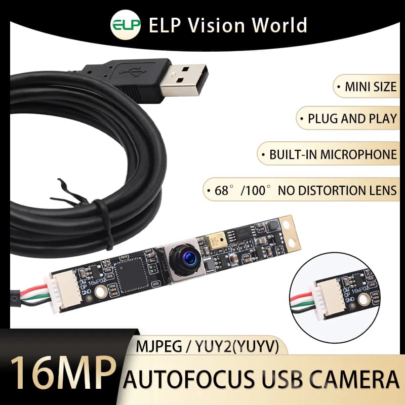 ELP 16MP Modulo telecamera con messa a fuoco automatica Supporto microfono Nessuna distorsione Telecamera grandangolare Mini modulo scheda sottile industriale incorporato