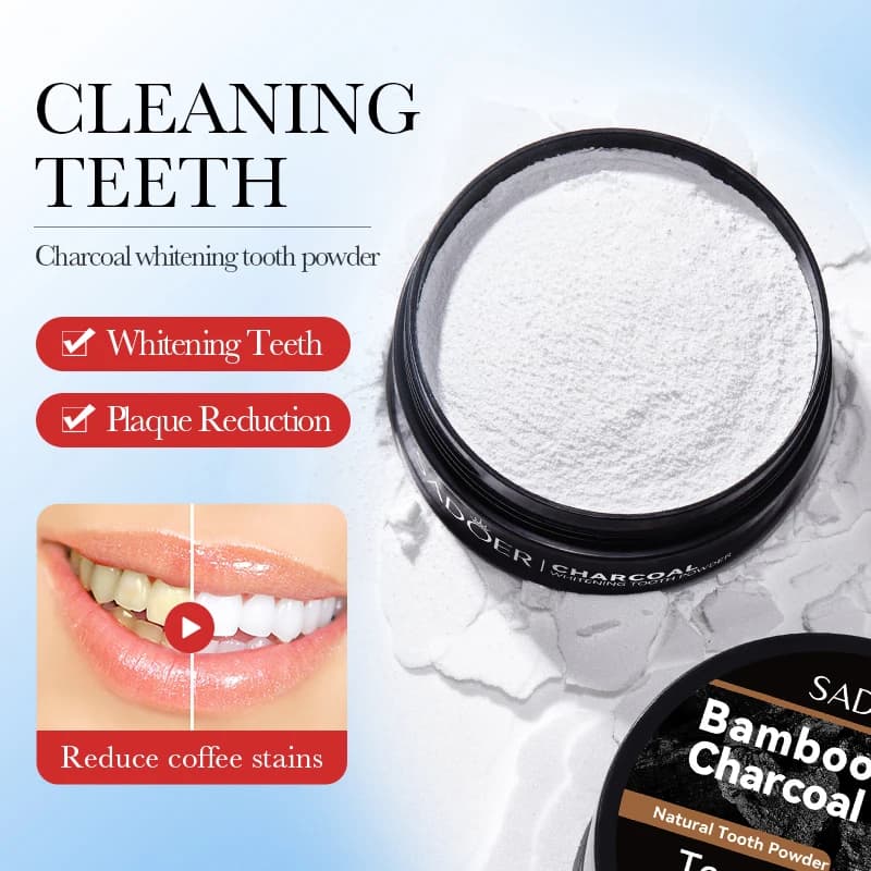 Polvere sbiancante per denti al carbone attivo di bambù, alito fresco, pulisce i denti gialli e riduce le macchie di caffè