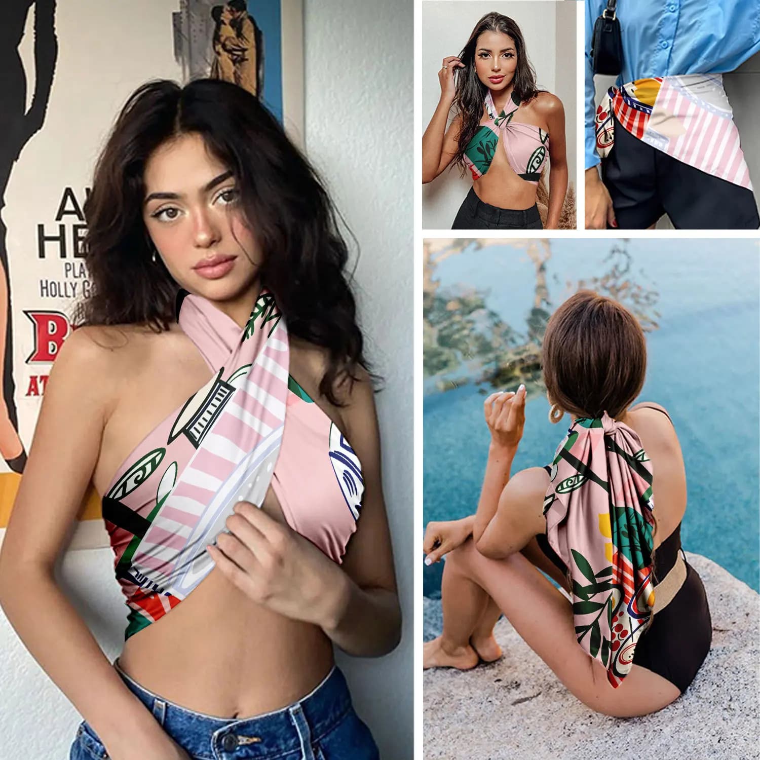 0221 women's floral satin square scarf - soft silk-like texture, versatile headscarf, neckerchief, and turban