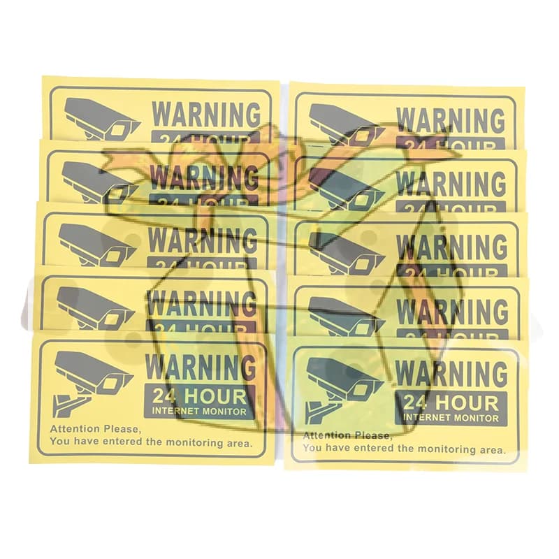 10 warning stickers for video surveillance 24/7, security camera alarm, CCTV video warning tape for home, store, school, etc.