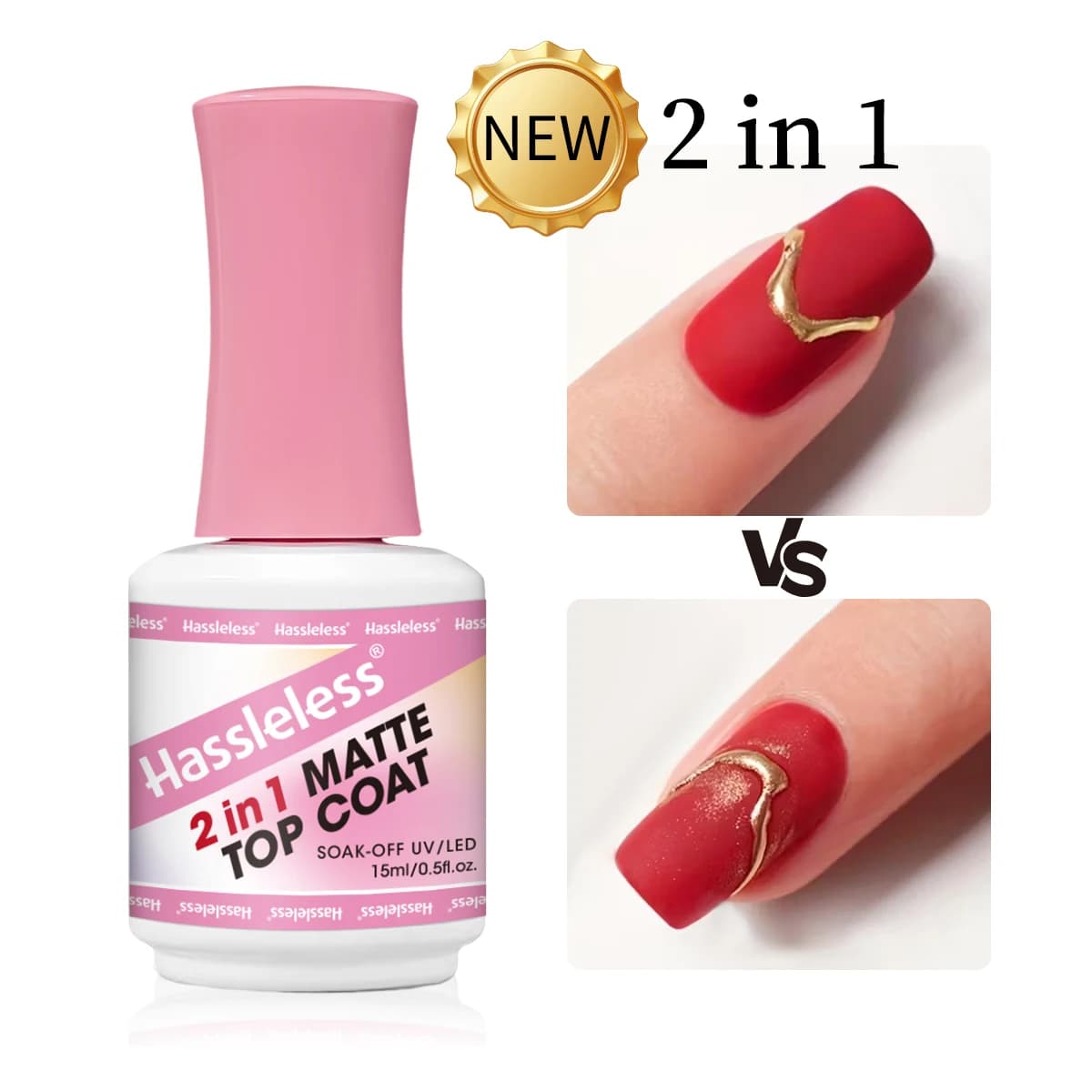 Hassleless Confezione singola da 15 ml Top Coat in gel opaco 2 in 1 - Smalto gel rimovibile/LED, Top Coat opaco, Unghie a lunga durata e Pe