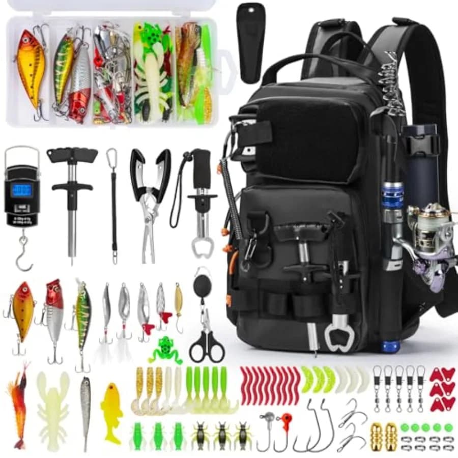 Zaino da Pesca con Portacanna, Kit di Attrezzi da Pesca, Borsa Impermeabile con Kit di Esche, Scatola per Attrezzatura da Pesca e Pinze S
