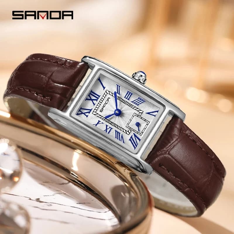 SANDA 1116 Orologio al quarzo da donna Design elegante quadrante rettangolare Orologi Puntatore impermeabile Orologi da polso da donna d'affari in pelle