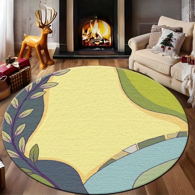 Tappeto Rotondo Moderno con Stampa Astratta di Foglie - Tappeto Giallo Senape e Verde Oliva Beige, Tappeto in Fibra Morbida per Soggiorno, Camera da Letto