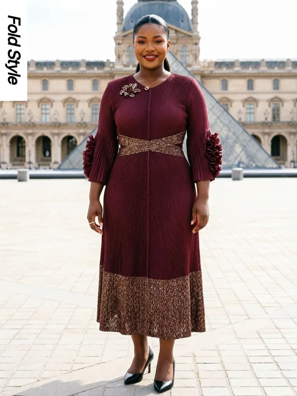 Abito Lungo Elegante Miyake Stile Africano con Effetto Stropicciato, Decorazioni Tridimensionali e Finitura Bronzata, Abbigliamento Femminile