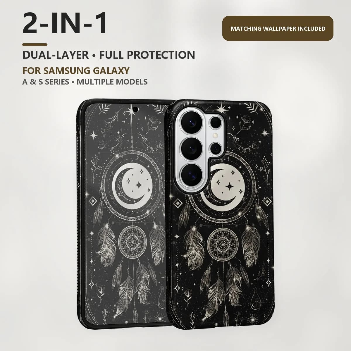 Moon Dreamcatcher Feathers 2-in-1 Dual-Layer Phone Case for Samsung Galaxy S26 S25 S24 Plus Ultra FE S20 FE A56 A17 A16 A15