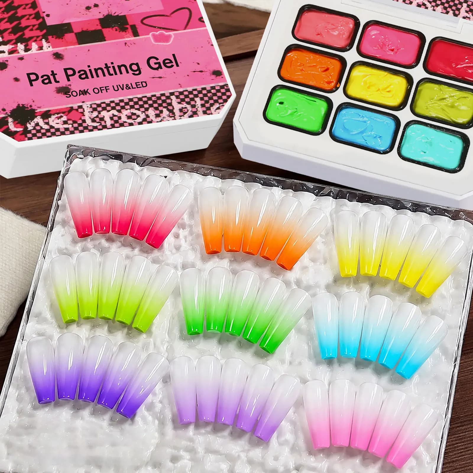 Ovanlee 9-Color Pat Painting Gel Kit – Neon Gradient Sponge Gel Polish Palette, Highly Pigmented Soak-Off UV/LED Gel for Ombre & Blooming Nail Art, Y2K Box Design