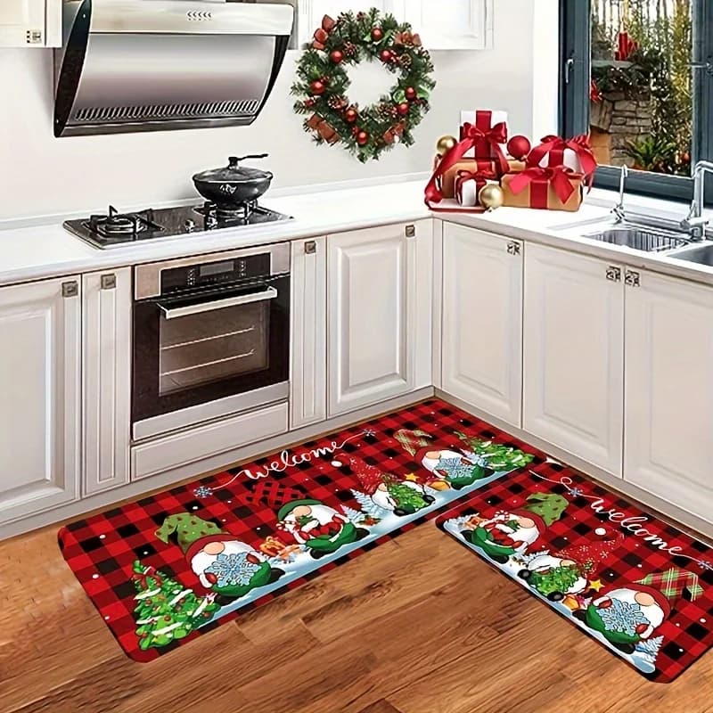 2 pezzi VIKAMA Natale Nano Snowland Cartoon Tappeto Decorazioni per la casa, Assorbente d'acqua e durevole, Set di tappetini per cucina e bagno