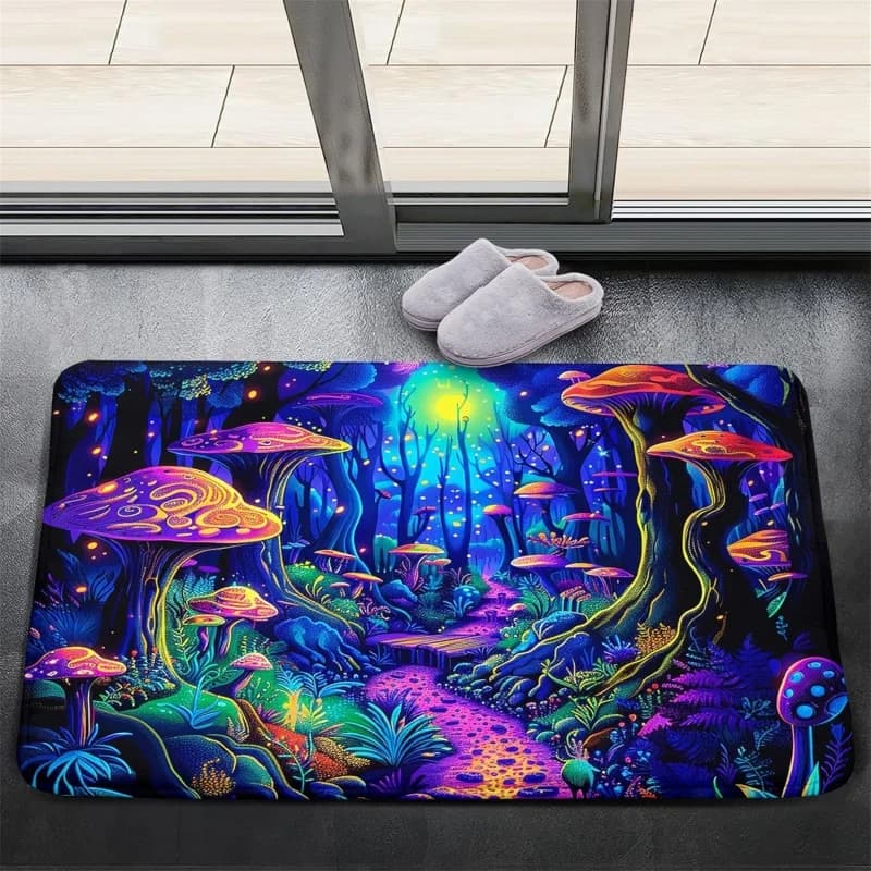 Neon Psychedelic Mushroom Print Doormat Non-Slip Absorbent Floor Mat Trippy Boho Style Entryway Rug