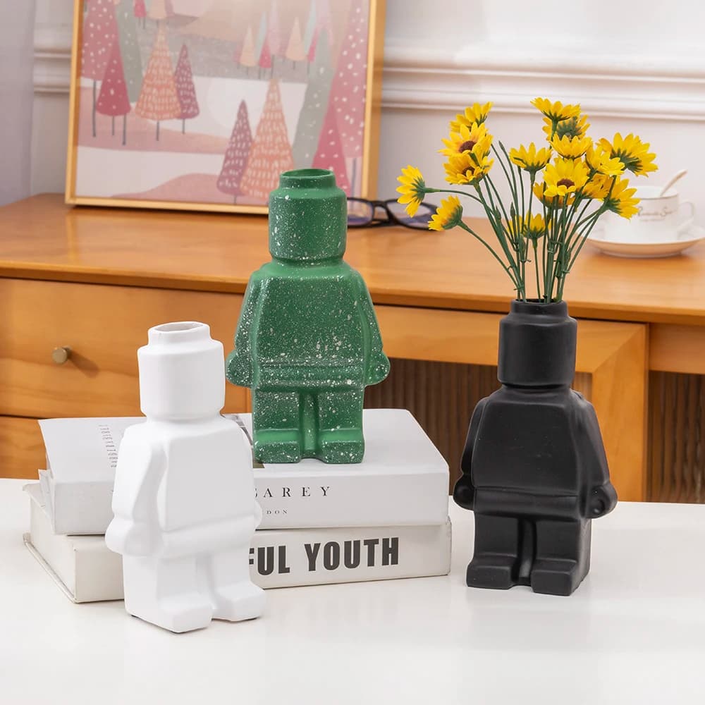Vaso robot in ceramica in stile nordico Vaso da fiori per interni Decorazione moderna per interni domestici Decorazione per articoli bianchi Decorazione per scrivania da ufficio