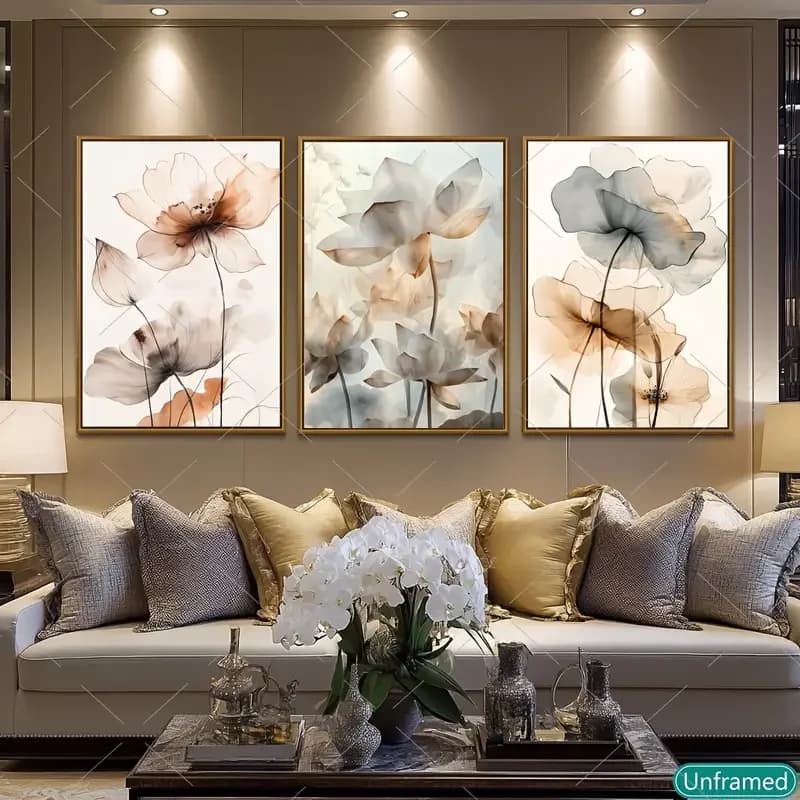 2D Plate, 3 pieces, 2D Plate, Frameless, Watercolor Style for Lotus Triptych, Oil Printed on Canvas, Simple and Fresh Wall Pos deco
