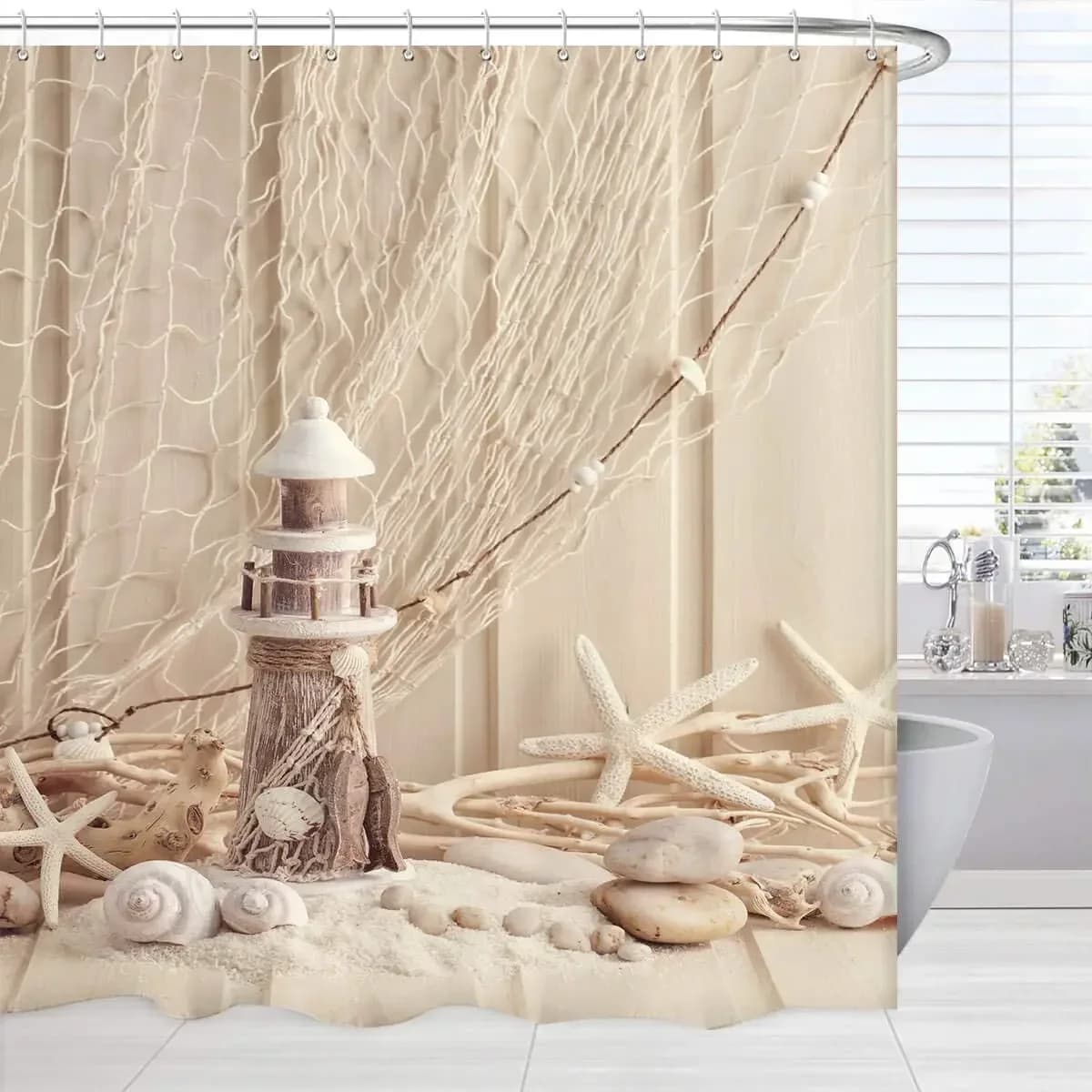 Tenda da doccia con decorazioni nautiche, rete da pesca extra lunga con conchiglia di mare costiera, faro, stella marina, oceano, spiaggia, set di decorazioni per il bagno