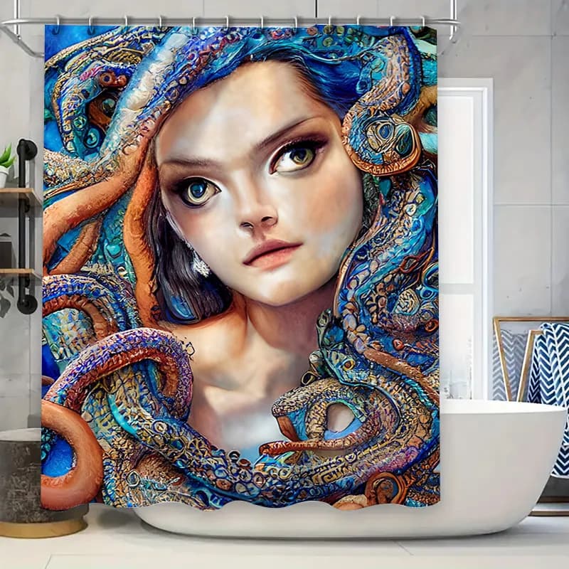 Tenda da doccia con polpo di arte moderna Vivido blu arancione marrone stampa tappetino da bagno decorativo tessuto impermeabile decorazioni per la casa accesso al bagno