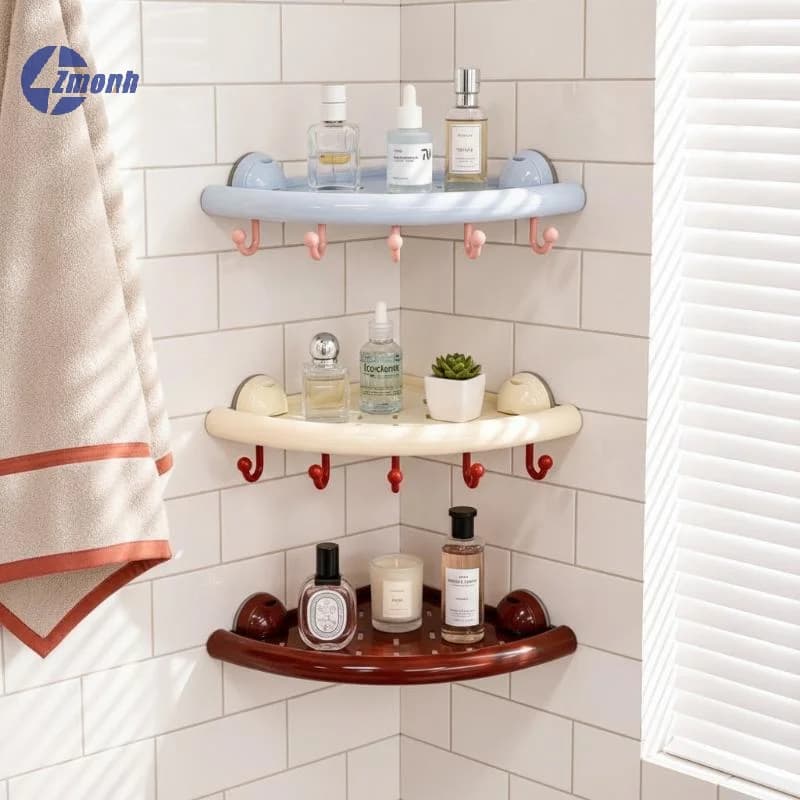 New！Suction Cup Corner Storage Rack With Drainage Holes Hanging Hooks For Bathroom Shower Organizing Toiletries Skincare