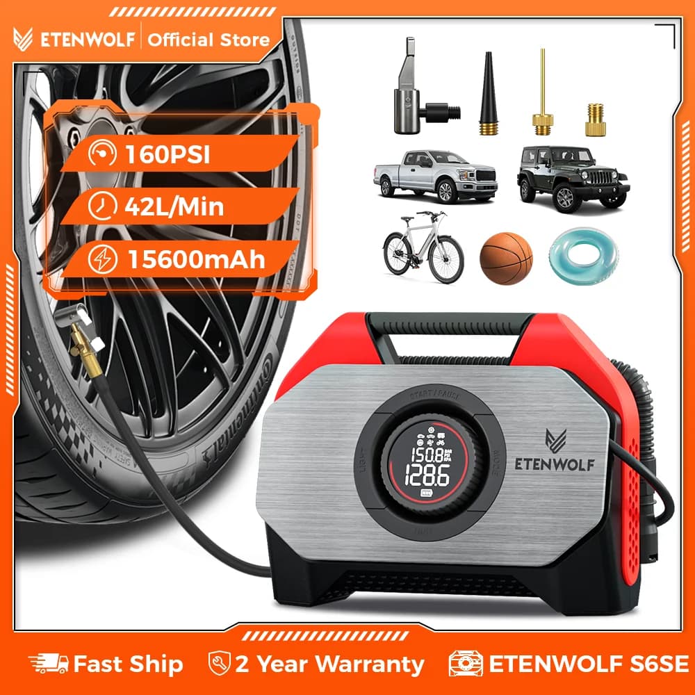 Compressore d'aria portatile per gonfiaggio pneumatici senza fili ETENWOLF VORTEX S6SE, pompa d'aria da 160 PSI per pneumatici per auto con batteria da 15600 mAh