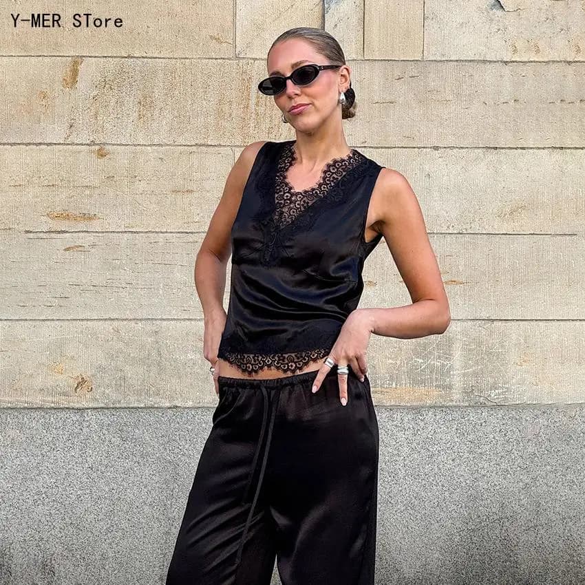 Loose Soft Faux Silk Loungewear Set V Neck Sleeveless Camisole Wide Leg Trousers Lace Splicing Patchwork Sleepwear for Women
