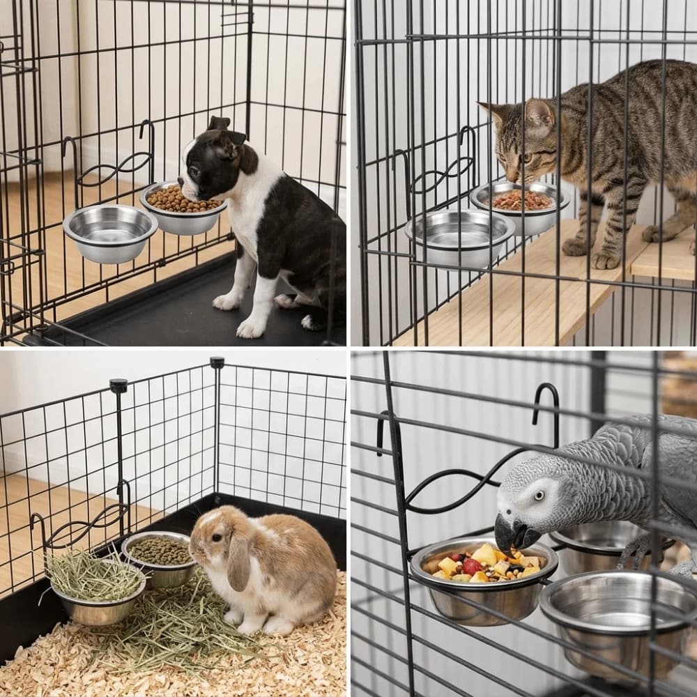 Food-Grade Alloy Hanging Pet Bowl Dual Compartment Anti-Spill Structure Dual Pet Feeding Bowl Smooth Polished Rustproof Texture