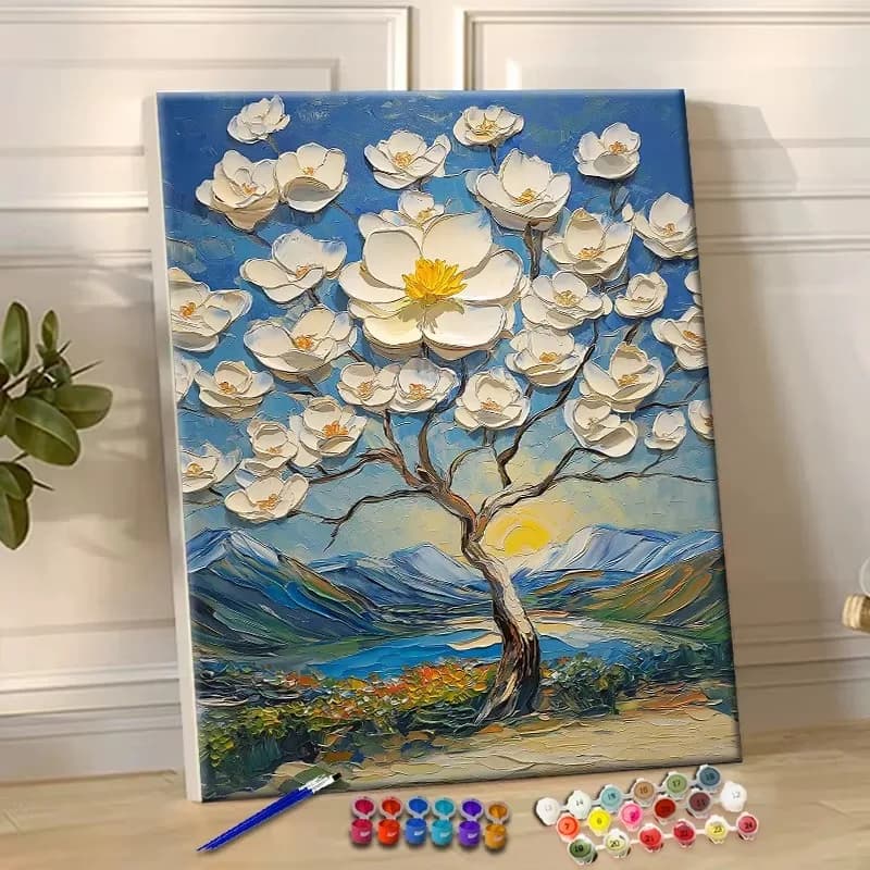 Oil Painting by Number Kit Magnolia Blossoms Acrylic Paint Canvas Wall Art for Adults DIY Home Decor Gift