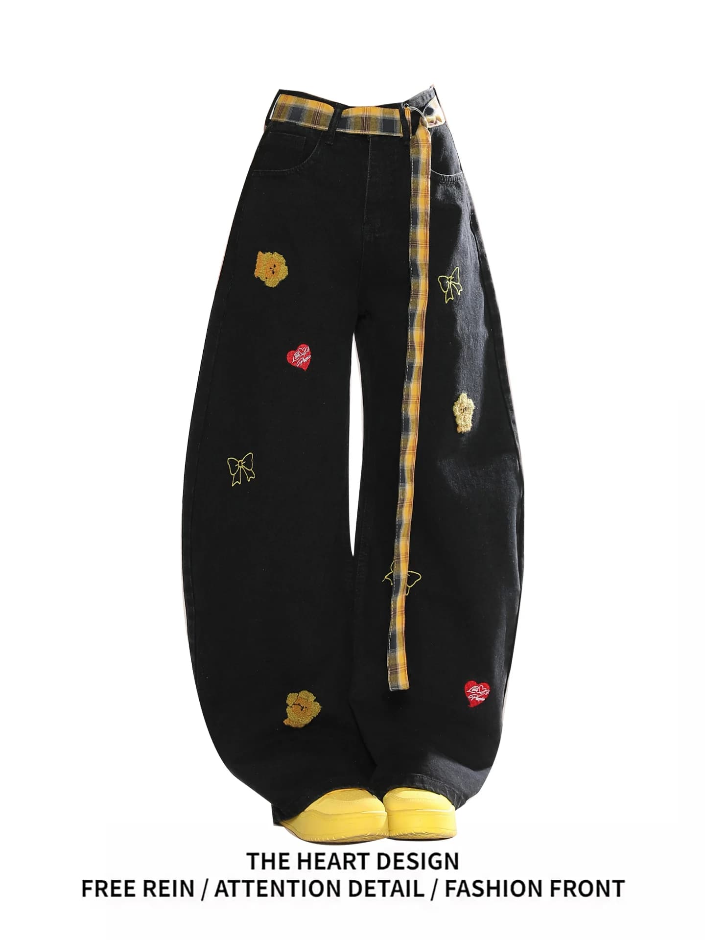 New summer women's jeans, American retro style, straight wide leg, in denim embroidered with synthetic fur and belt, high waist, durable