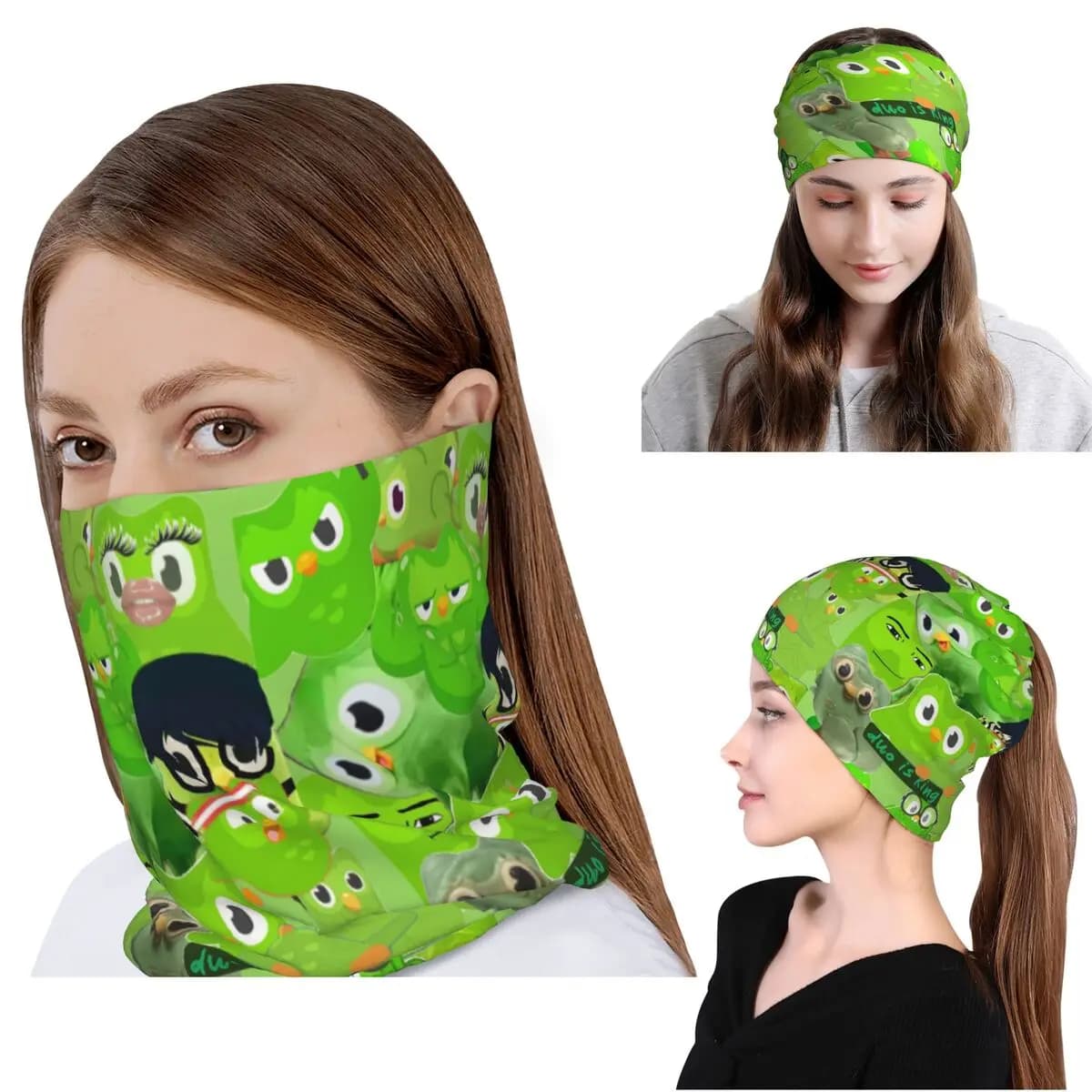 Duolingo Owl Duo Bandana, scaldacollo, maschera, sciarpa, fascia per capelli multiuso, berretto, cappello, unisex, per adulti, per tutte le stagioni