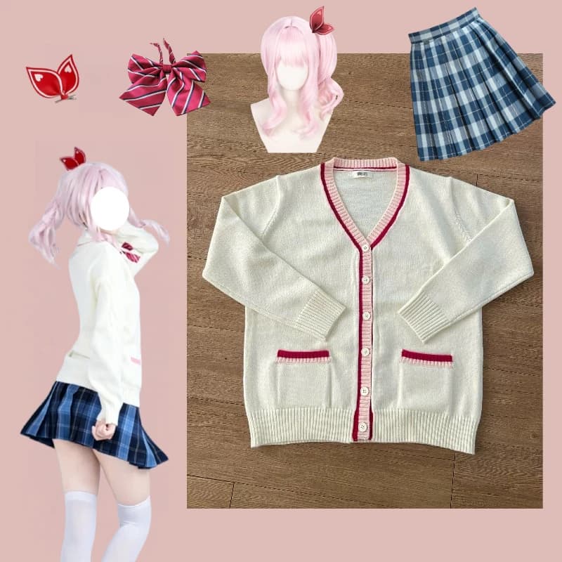 Set per Uso Quotidiano AKIYAMA MIZUKI, Costume Cosplay Anime per Donne, Parrucca, Cardigan Lavorato a Maglia, Giacca, Gonna, Cravatta, Copricapo, Outfit per Festa di Halloween