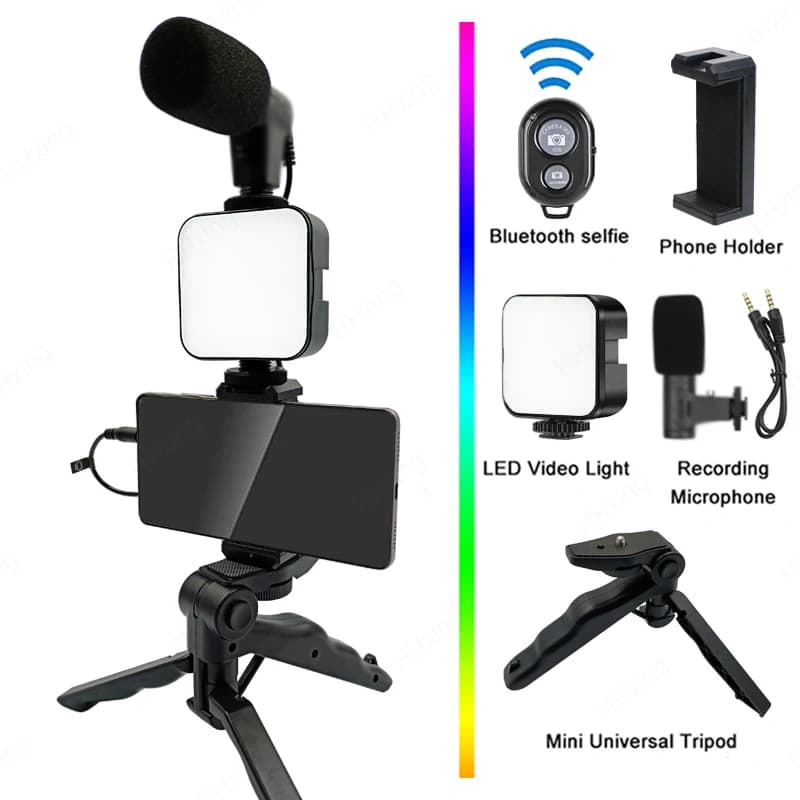 Supporto per Telefono con Illuminazione per Fotografia, Kit Video per Smartphone, Microfono, Treppiede LED per Selfie, Impugnatura per Registrazione, Stabilizzatore Portatile