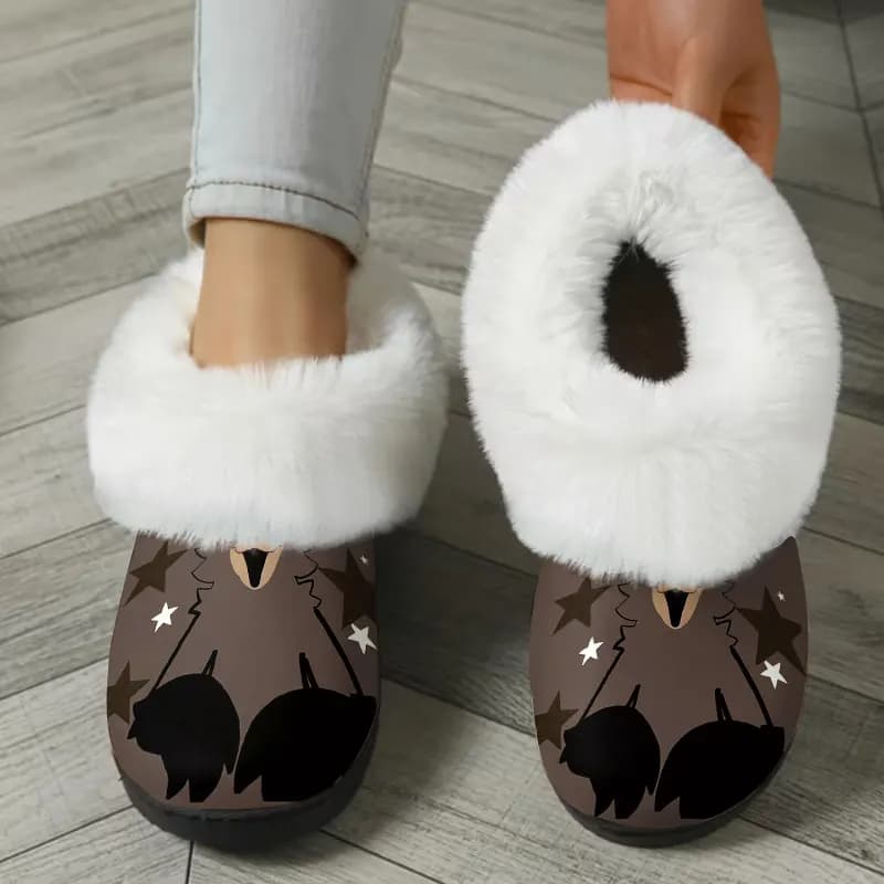 Western Cowboy Boot Brown Print Women's Winter Warm Plush Slippers Fuzzy Fleece House Slippers Indoor Shoes