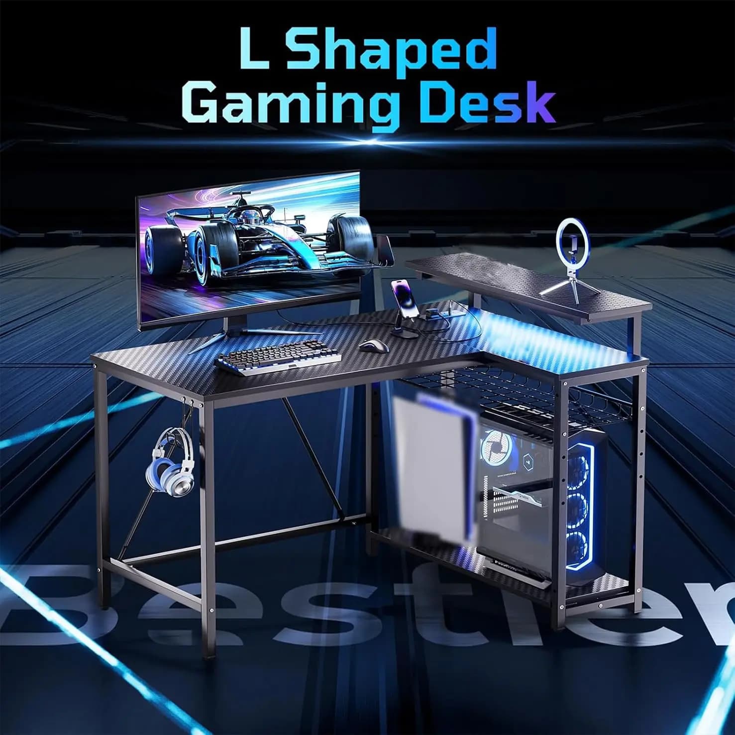 Scrivania da gaming a forma di L da 42 pollici con luci LED e prese di corrente, ripiani reversibili e personalizzabili per giocatori