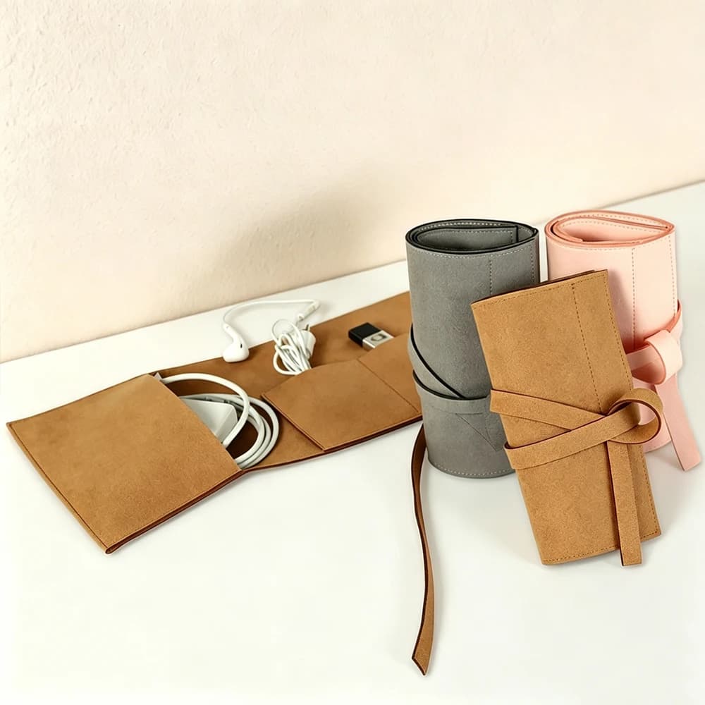10Pcs Personalized Logo Brown Microfiber Jewelry Packaging Gift Bag USB Electronic Organizer Travel Cellphone Charger Accessory