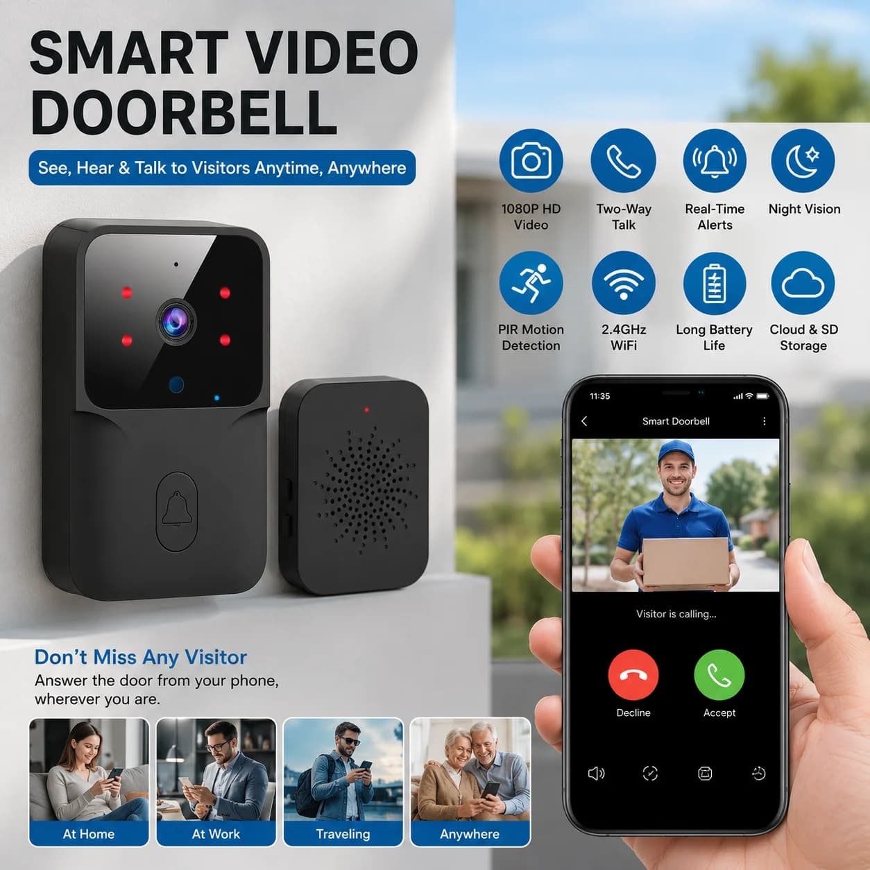 Smart WiFi Video Doorbell Camera with Two-Way Talk & IR Night Vision, Wireless Home Security Surveillance Monitor Remote Watch
