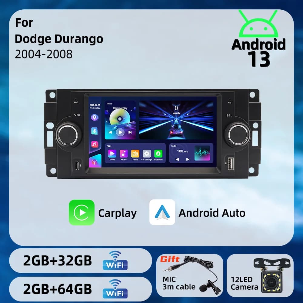 Autoradio Android 1Din con Schermo da 6,2 Pollici, Carplay, GPS e Navigazione per Dodge Durango 2004-2008