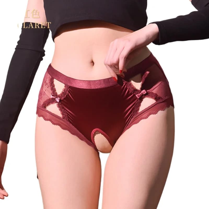 Open Crotch Briefs Women Sexy Satin Smooth Underwear Hollow Knickers Erotic Panties Ladies Transparent Lace Unisex Underpants