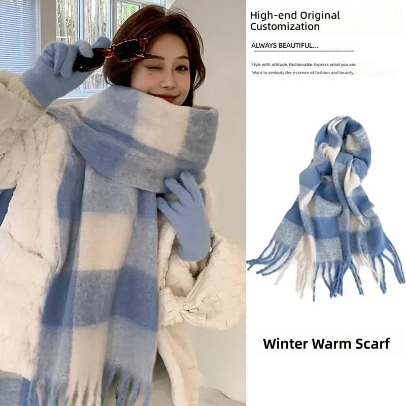 2026 new scarf women's winter blue plaid mohair scarf high-end versatile shawl wholesale