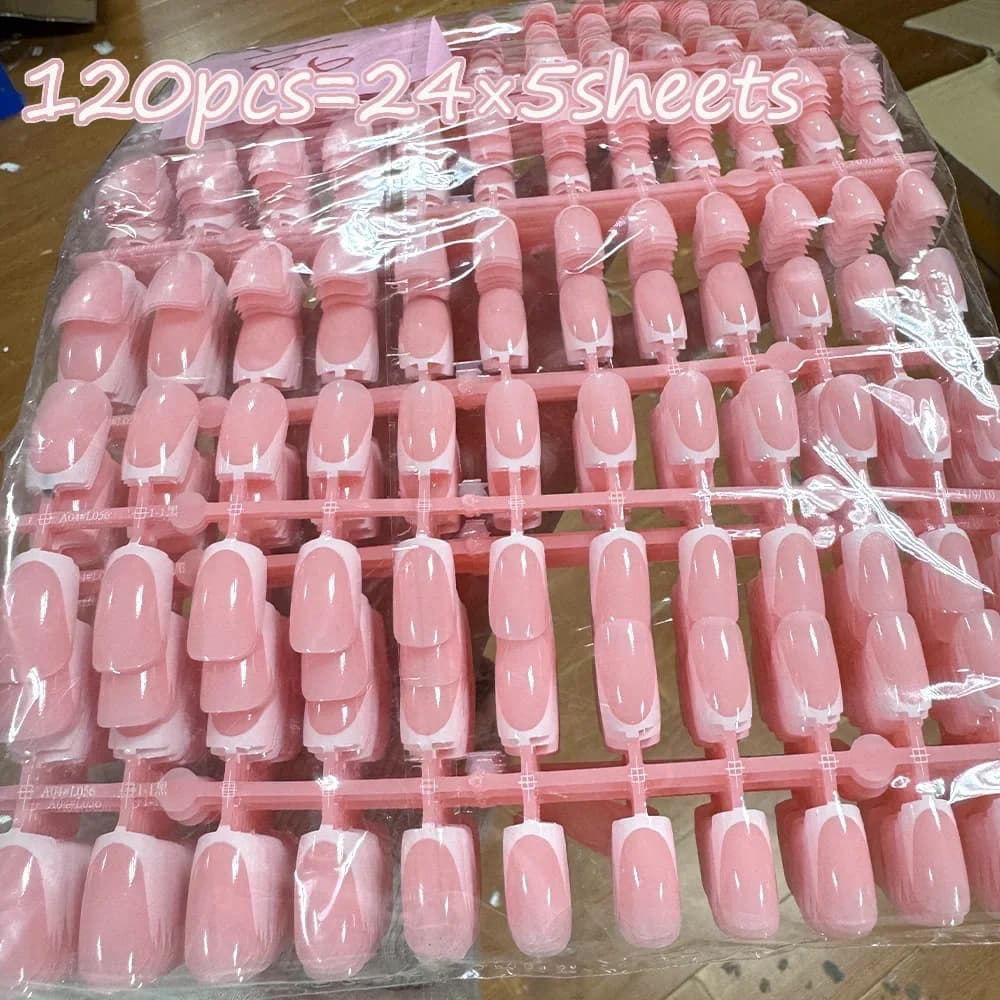 120 Pieces = 24*5 Fin Nails Court French Squares Simpli and Polished Pink Bianches, Fin Nails Cover Total Press-on Nail Art