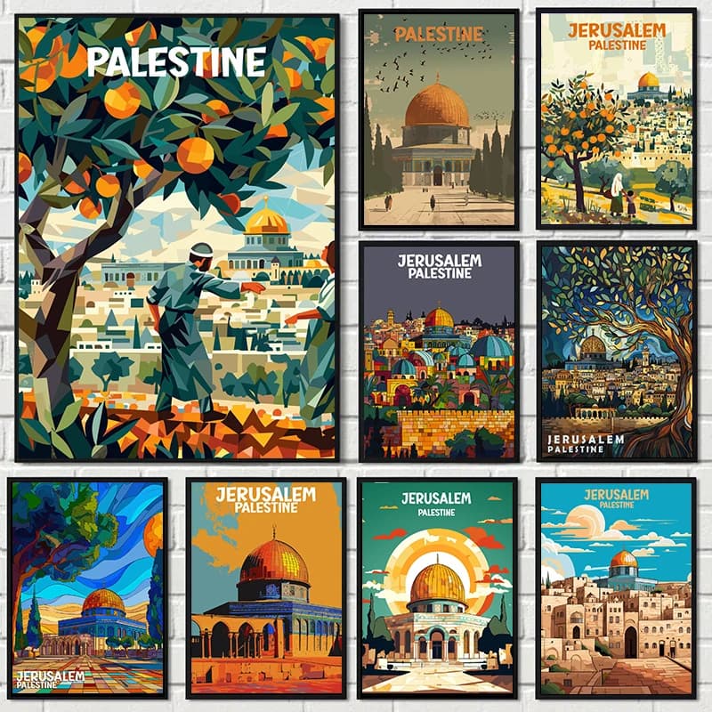 Jerusalem Palestine Travel Poster Religious Shrines Watercolor Prints Canvas Painting Wall Art Pictures Home Living Room Deco
