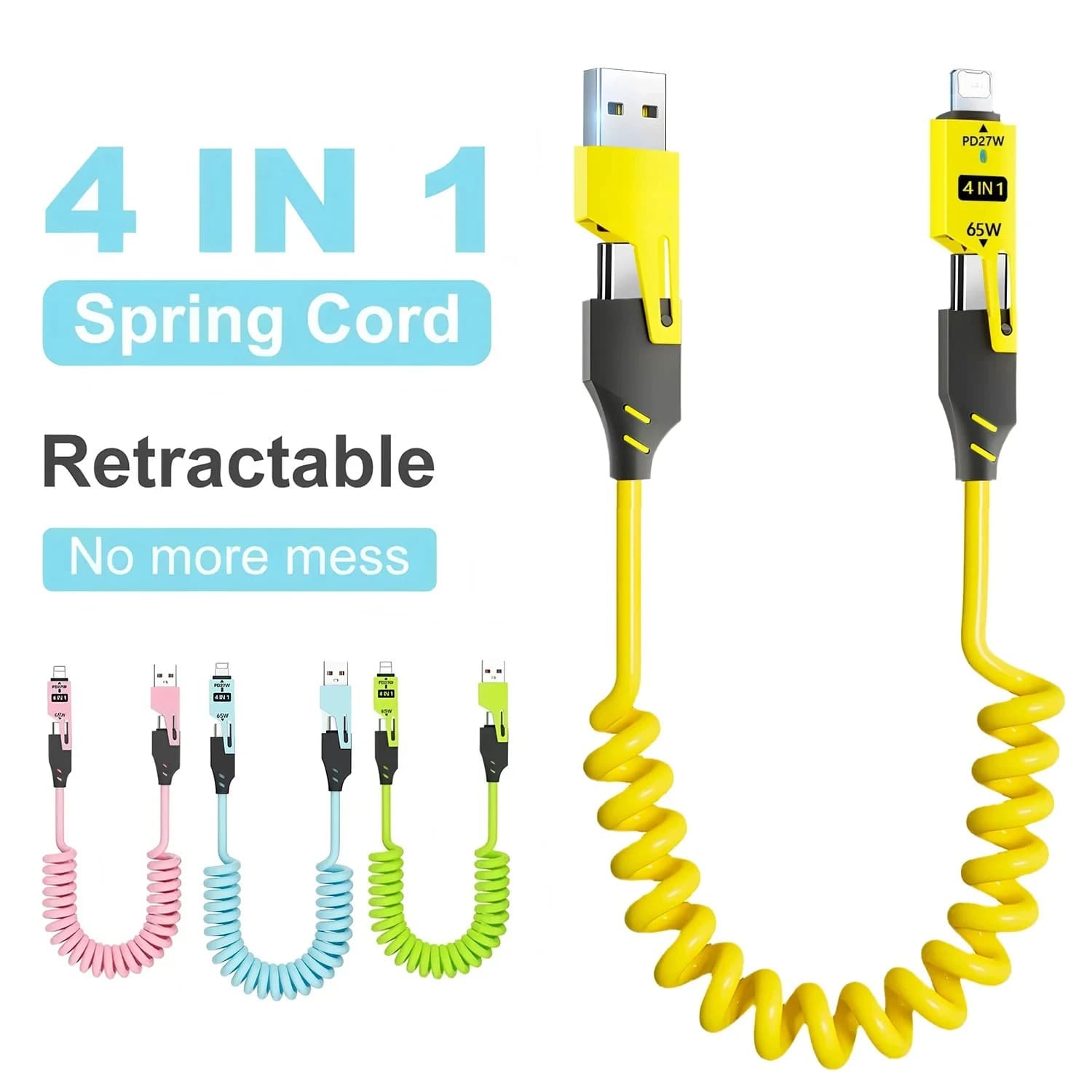 1/2 cavi dati a molla 4 in 1 e caricabatterie rapido da 65 W: cavo telescopico USB Type-C da 6 A compatibile con iPhone/iPad/MacBook/Huawei