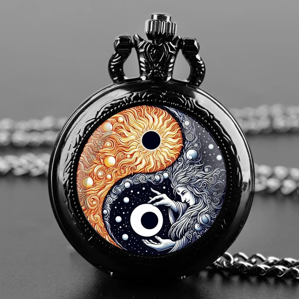 Orologio da Tasca Yin Yang Sole Luna, Collana con Ciondolo Cronografo, Gioiello per Uomo e Donna, Regalo Spirituale e Mistico