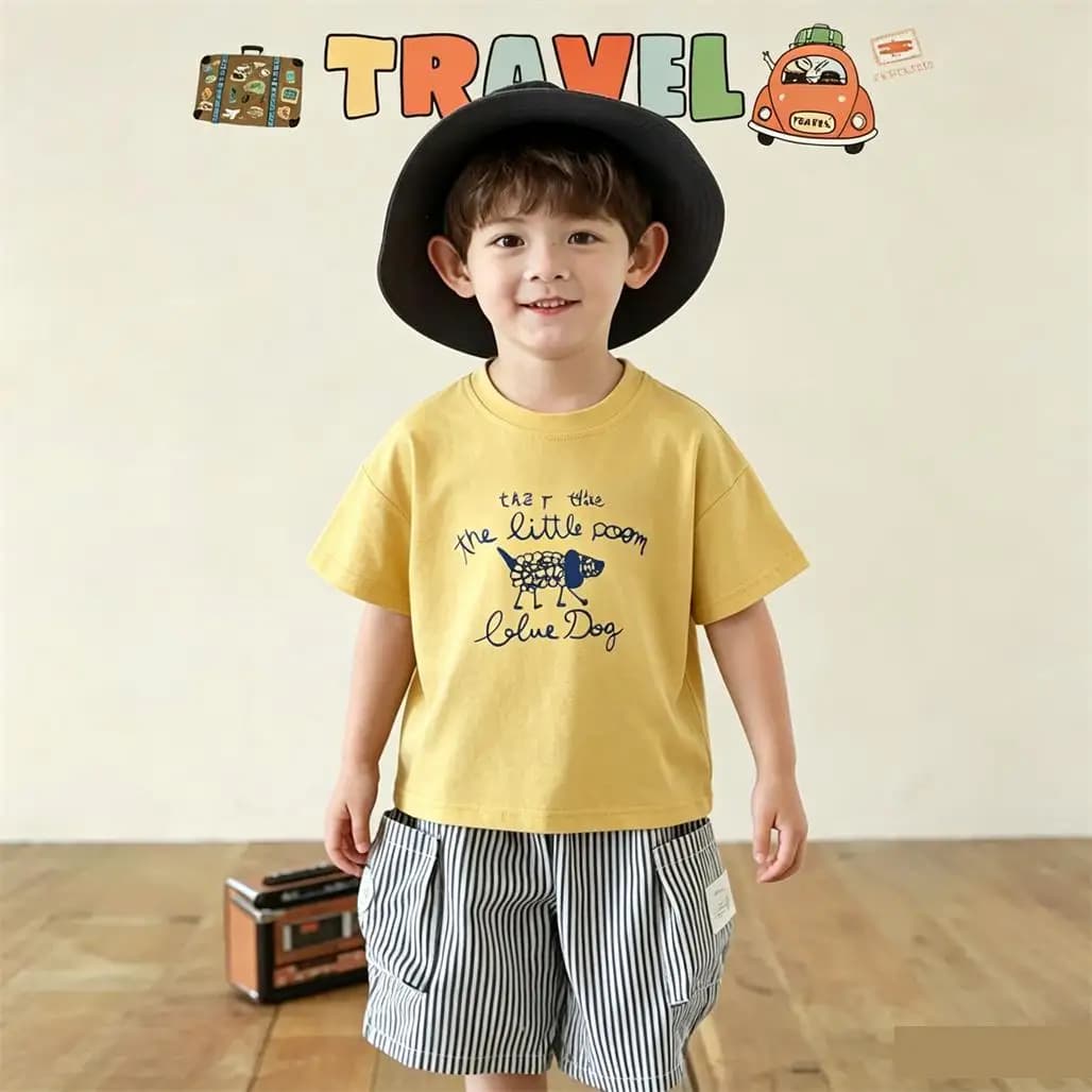 Maglietta gialla per ragazzi, abbigliamento casual alla moda per bambini, camicia semplice e versatile, abbigliamento sportivo sottile e ampio, top girocollo per bambini
