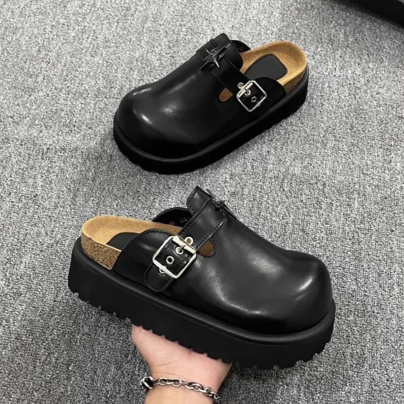 Chunky Heel Platform Women Mules Shoes Fashion Metal Decoration Belt Buckel All Match Casual Slippers Outdoor Lady Beach Shoes