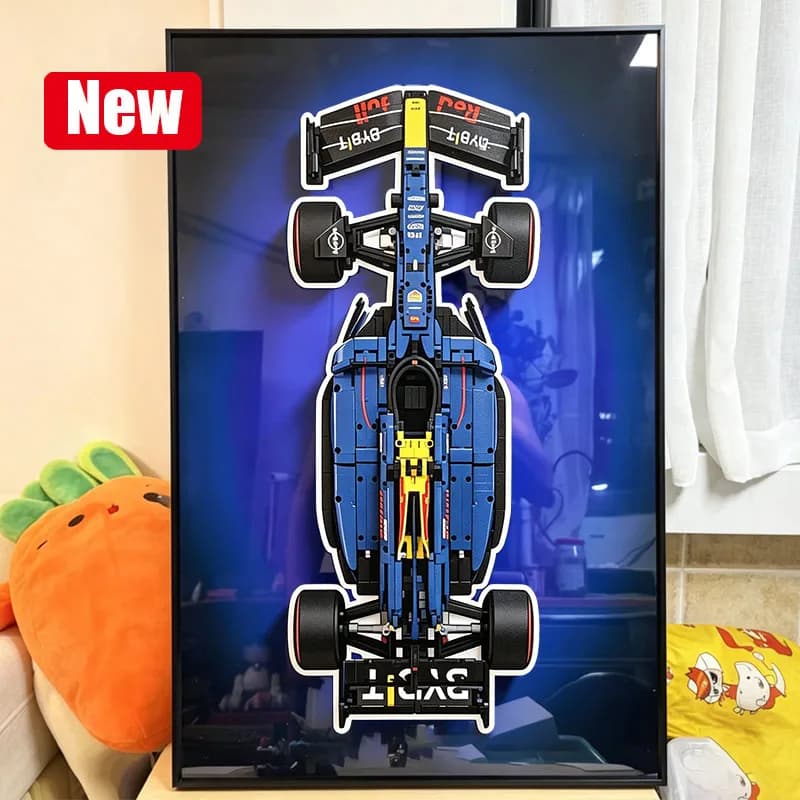 Wall‑mounted display frame for adult collectors, compatible with LEGO 42206 Red Bull RB20 F1 race‑car building‑block set.