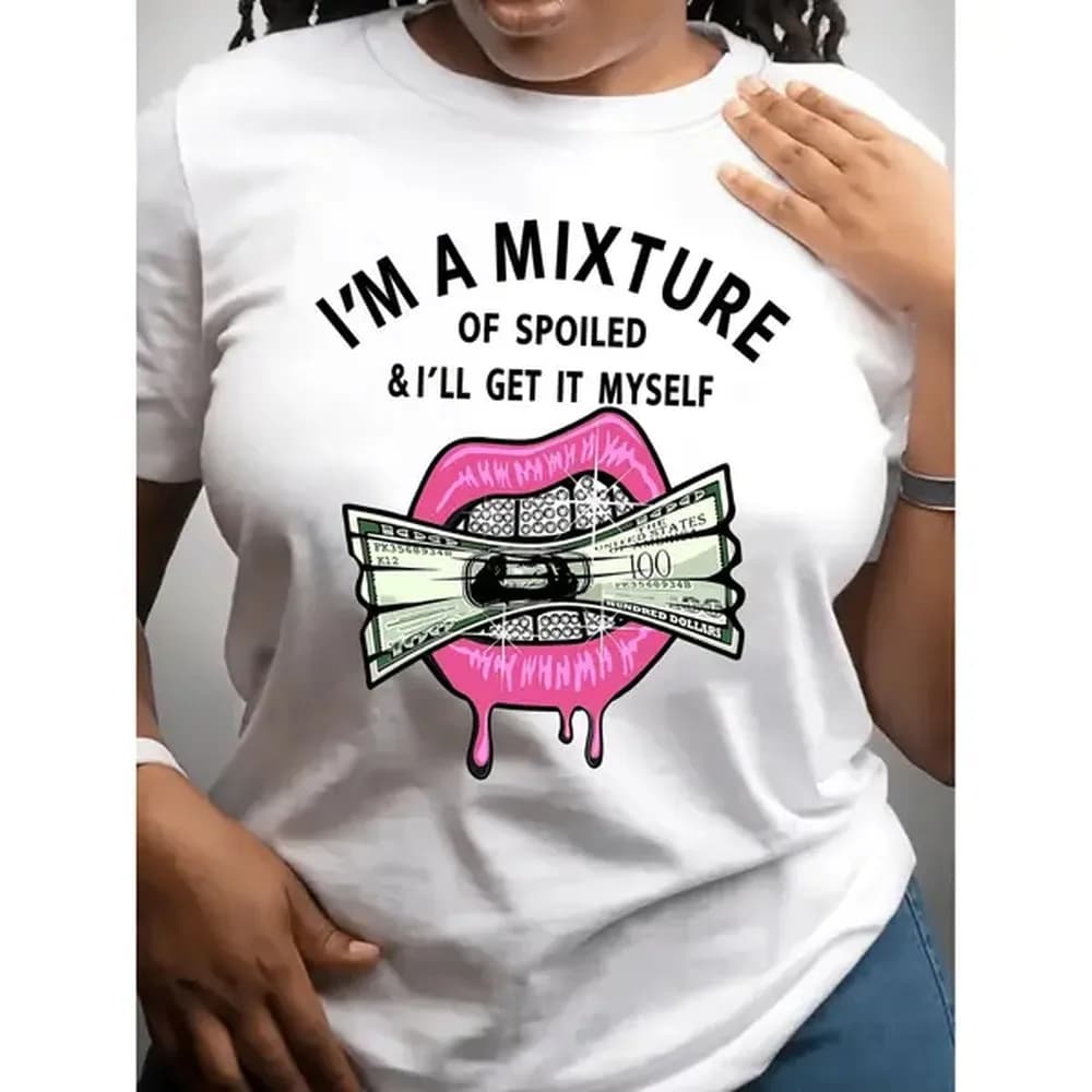 Womens Money Lips Graphic Tee Soft Breathable Short Sleeve Crew Neck Spring Summer Casual Ladies Tops and Blouses for Summer White -1 T-Shirt for Men and Women