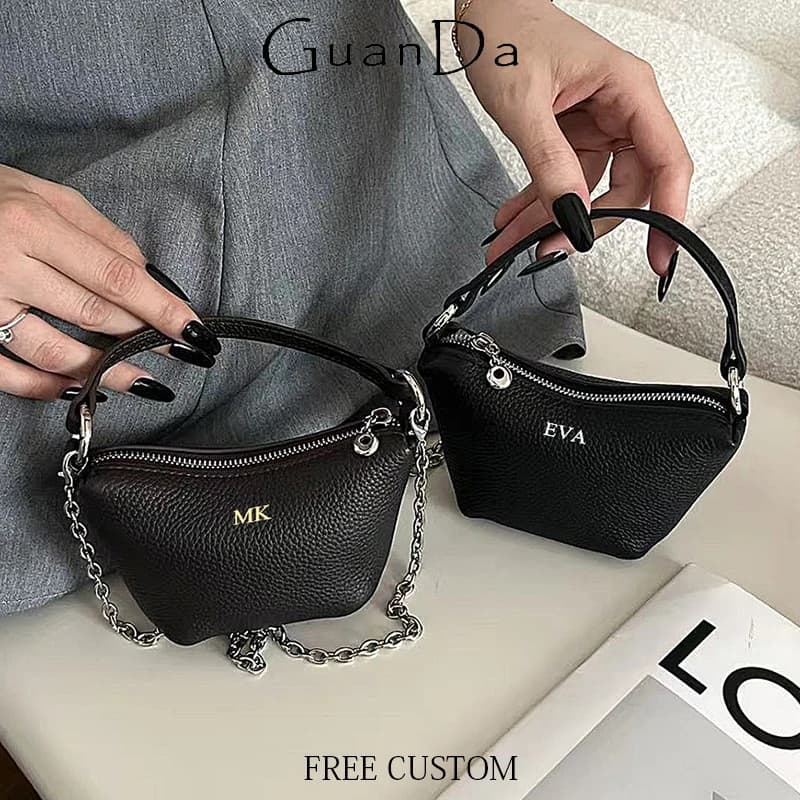 Engrave Initials Luxury Woman Handbag Cowhide Fashion Simple Crossbody Bag Genuine Leather Mini Zip Earphone Coin Purse Wallet