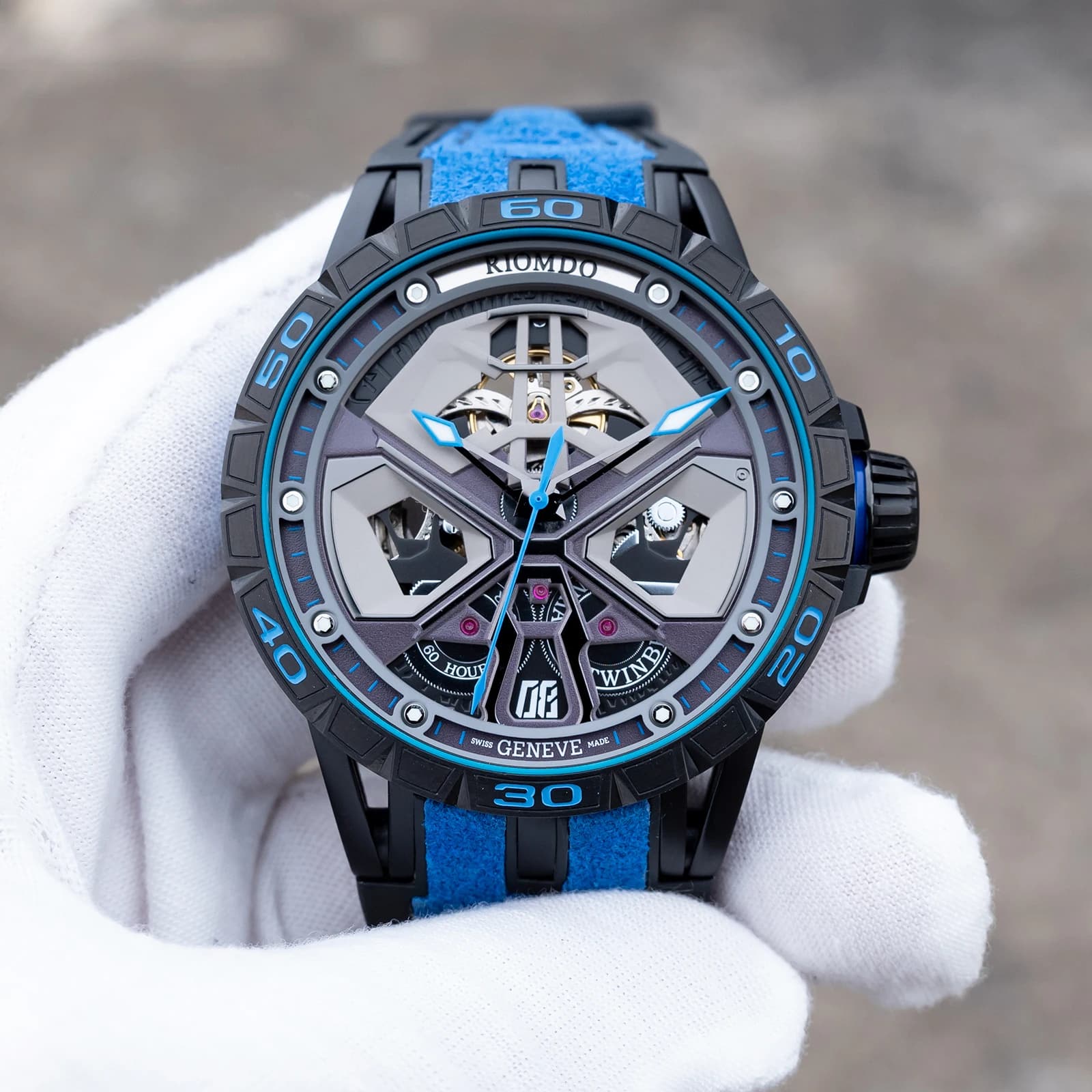 OBLVLO Orologio Meccanico Automatico di Lusso da Uomo con Quadrante Grande, Cinturino in Gomma Blu, Stile Militare RD-909