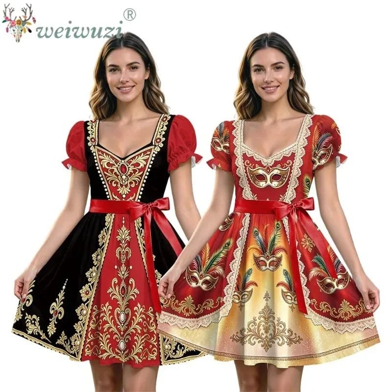 Women Vintage Carnival Masquerade Dress Puff Short Sleeve V Neck Lace Trim A Line Cosplay Costume for Venetian Party Role Play